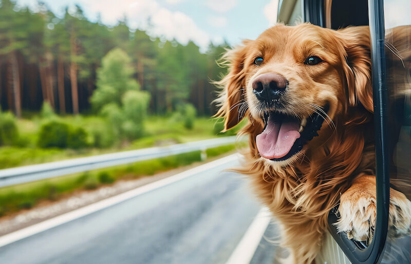 Reisen mit Hund im Wohnmobil. Hund schaut aus Fenster.